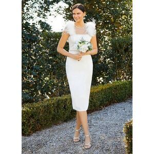 Mac Duggal 11438 Feather Cap Sleeve Pearl Embellished Midi Dress Size 2 NWT $598